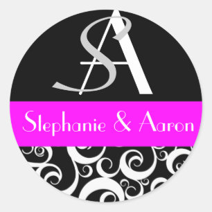 Damask Wedding Monogram in Black and Fuchsia Runder Aufkleber