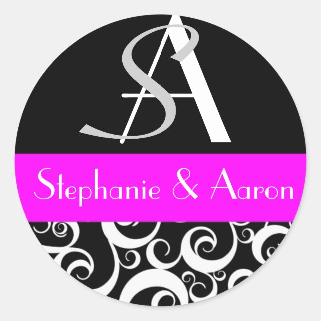 Damask Wedding Monogram in Black and Fuchsia Runder Aufkleber (Vorderseite)