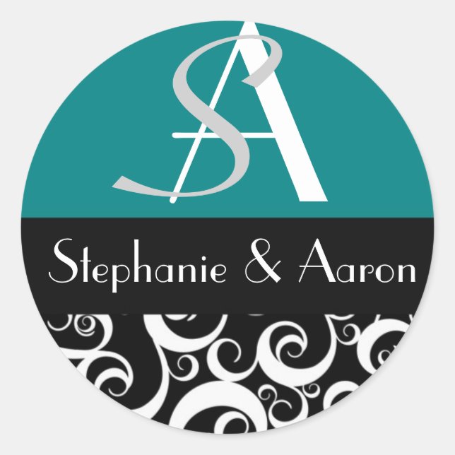 Damask Wedding Monogram in Schwarz und Aquamarin Runder Aufkleber (Vorderseite)
