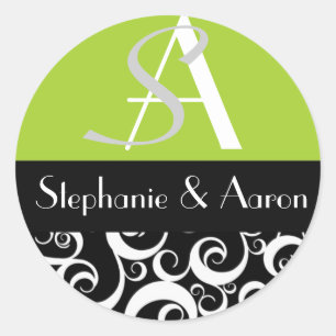 Damask Wedding Monogram in Schwarz und Grün Runder Aufkleber