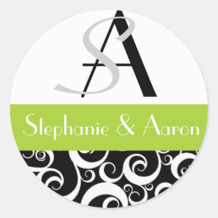 Damask Wedding Monogram in Schwarz und Grün Runder Aufkleber