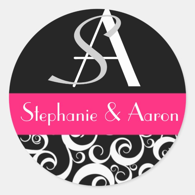 Damask Wedding Monogram in Schwarz und Heiß Rosa Runder Aufkleber (Vorderseite)