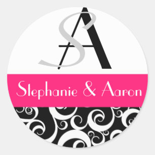 Damask Wedding Monogram in Schwarz und Heiß Rosa Runder Aufkleber