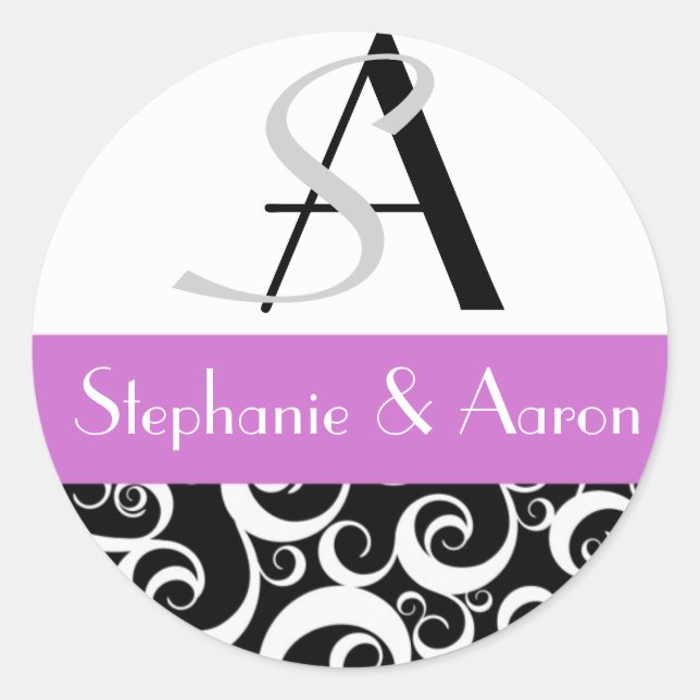 Damask Wedding Monogram in Schwarz und Lila Runder Aufkleber (Vorderseite)