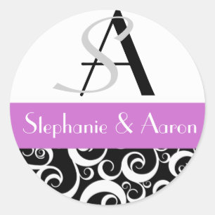 Damask Wedding Monogram in Schwarz und Lila Runder Aufkleber