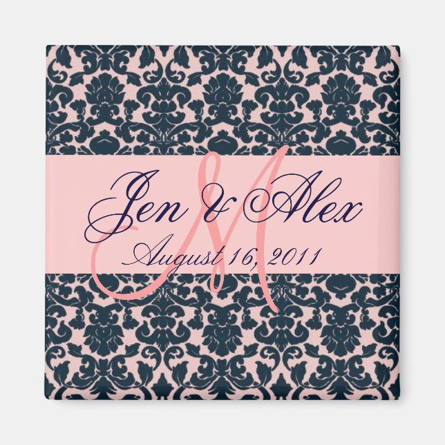 Damask Wedding Monogram Pink Navy Magnet (Vorne)