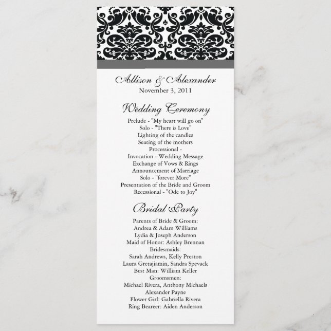 Damask Wedding Program Black & Charcoal Gray Programm (Vorderseite)