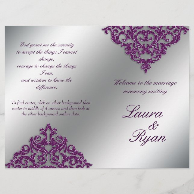 Damask Wedding Program Flyer Silver Lila Glitzer (Vorderseite)