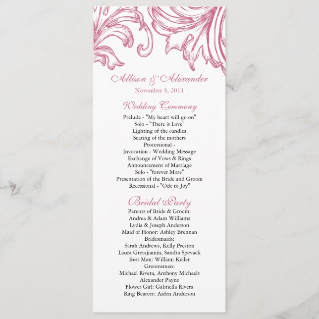 Damask Wedding Program Honeysuckle Pink Programm (Vorderseite)