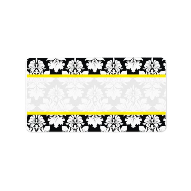 Damask Wedding Schwarz-weiß Yellow Labels Adressaufkleber (Vorne)