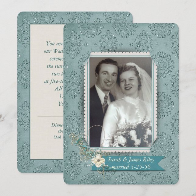 Damask Wedding Vow Erneuerung mit Foto Einladung (Vorne/Hinten)