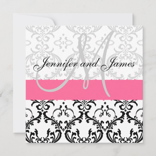Damask Weditation Monogram Pink Einladung (Vorderseite)