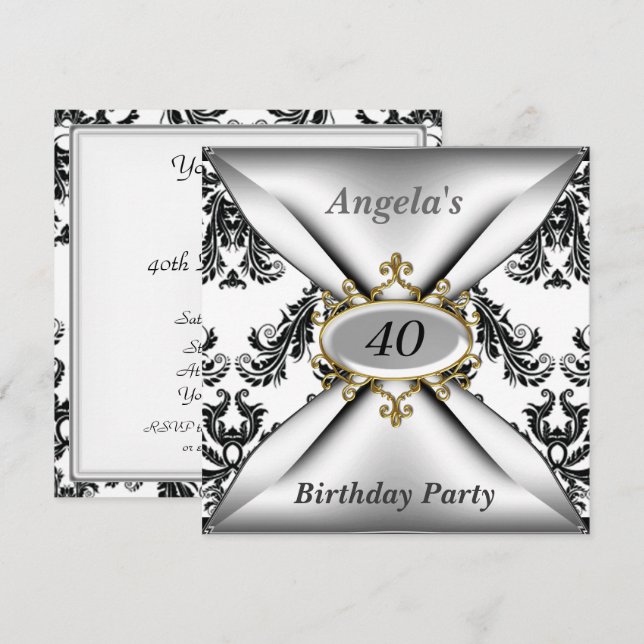 Damask White Birthday Party noir blanc Invitation (Devant / Derrière)