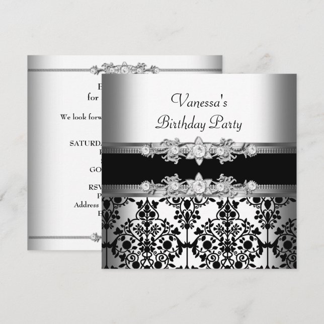 Damask White Black Birthday Party Einladung (Vorne/Hinten)