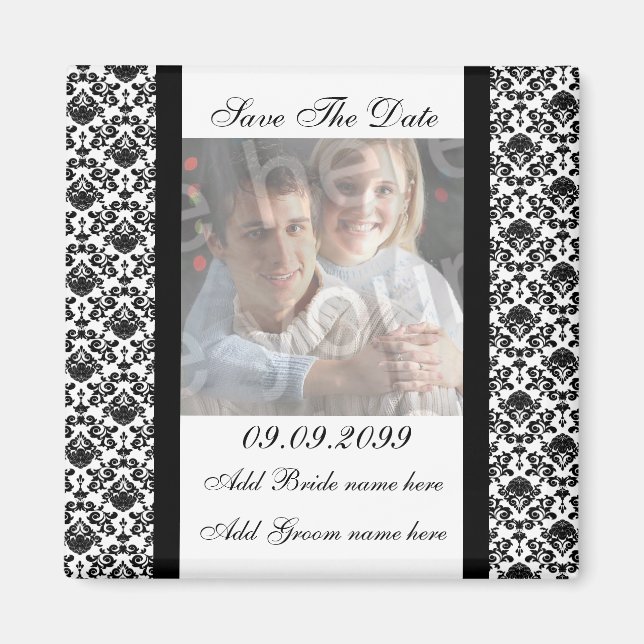 Damask White Save the Date Foto Magnet (Vorne)
