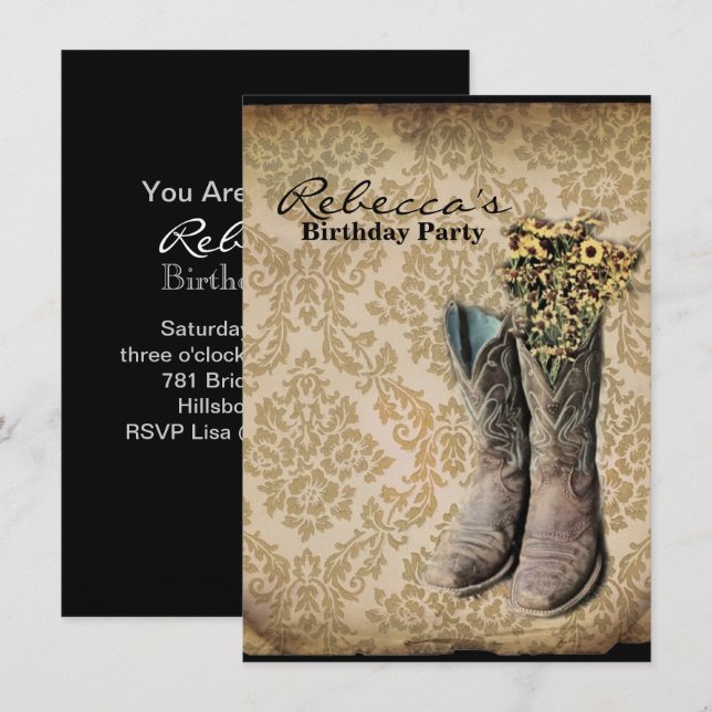 Damask Wildblume Western Country Cowboy Party Einladung (Vorne/Hinten)