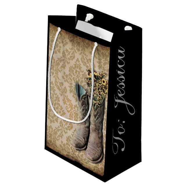 Damask Wildblume Western Country Cowboystiefel Kleine Geschenktüte (Rückseite Schrägansicht)