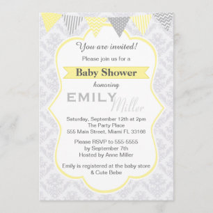 Damask Yellow Baby shower Invitation Unisex
