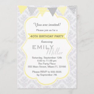 Damask Yellow Grey Adult zum Geburtstag Einladung