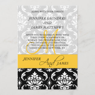 Damask Yellow Monogram Names Wedding Einladung
