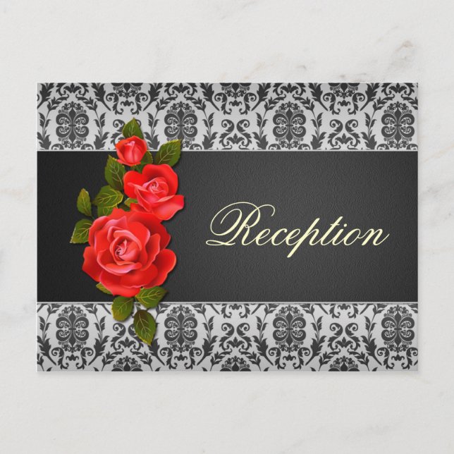 Damaske schwarz grau, rote Rosen Hochzeitsempfang Einladungspostkarte (Vorderseite)
