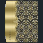 Damasks & Metallis Rahmen schwarz, Gold & Diamante iPad Hülle<br><div class="desc">Elegantes schwarzes Gold und Touch von Diamanten Glitzer Vintage Blumengestauke mit metallischem Edelstahlrahmen. Anpassbare Monogramm.</div>
