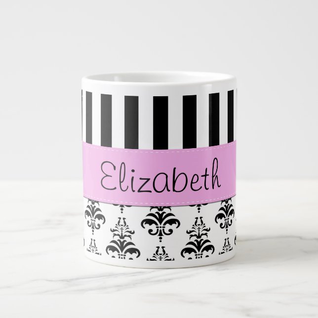 Damaskus, Streifen, Schwarz und Weiß, Ihr Name Jumbo-Tasse (Vorderseite)