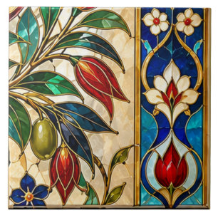 Damaskus- und osmanische Oliven-Tulpen-Buntglas Fliese