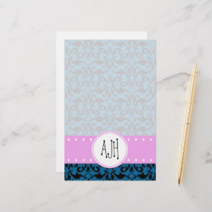 Damaskusmuster, blaue Damaske, Monogramm Briefpapier