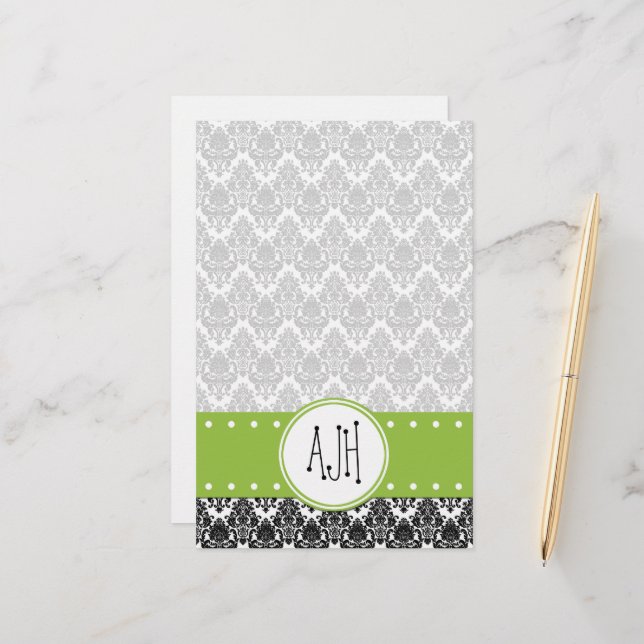 Damaskusmuster, Schwarz-Weiß-Damast, Monogramm Briefpapier (Vorderseite/Rückseite Beispiel)