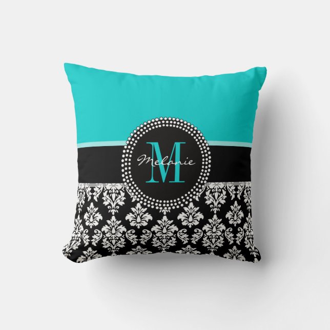 Damassé Girly de noir d'Aqua votre coussin de nom (Recto)