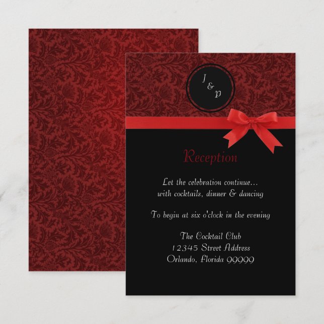 Damassé rouge et nœud rouge - Invitation de récept (Devant / Derrière)