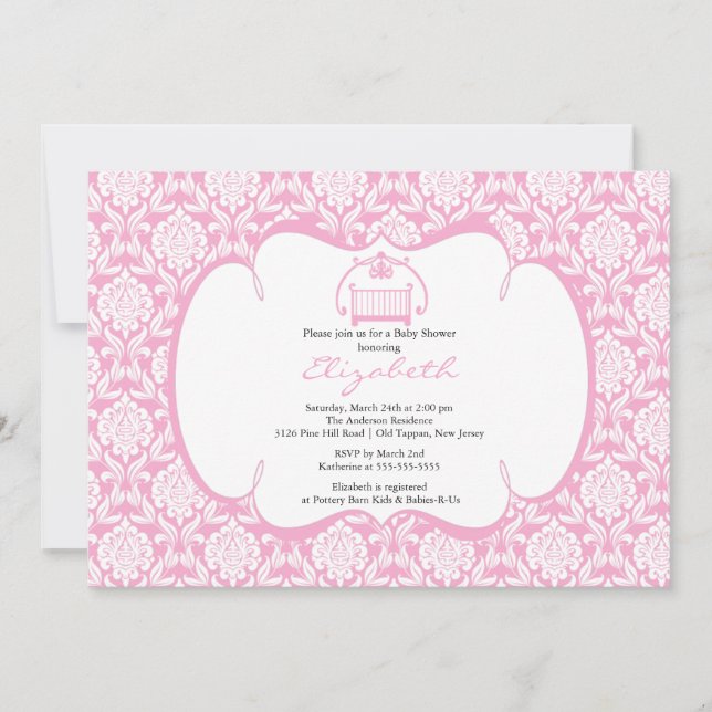 Damast-Babyparty-Einladungs-Rosa-Krippen-Mädchen Einladung (Vorderseite)