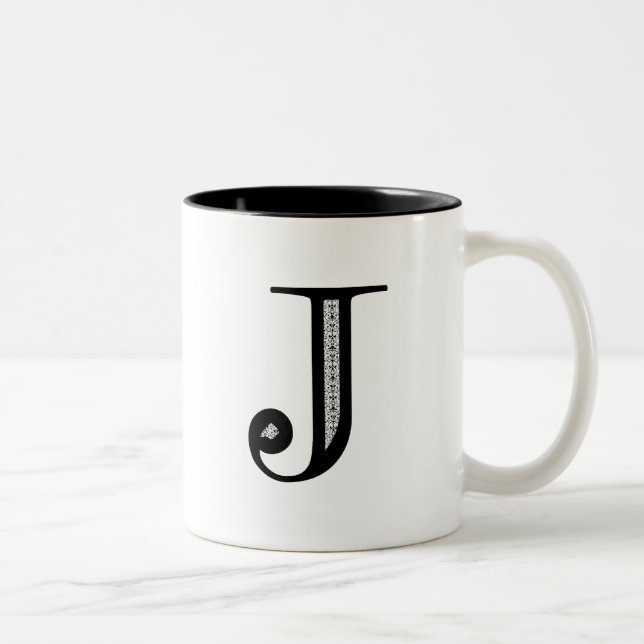Damast-Buchstabe J - Schwarzes Zweifarbige Tasse (Rechts)