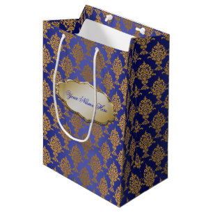 Damast-Gold auf Königsblau-Aufkleber Mittlere Geschenktüte