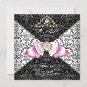Damast Grau Baby Shower Mädchen Schwarz Rosa Prinz Einladung