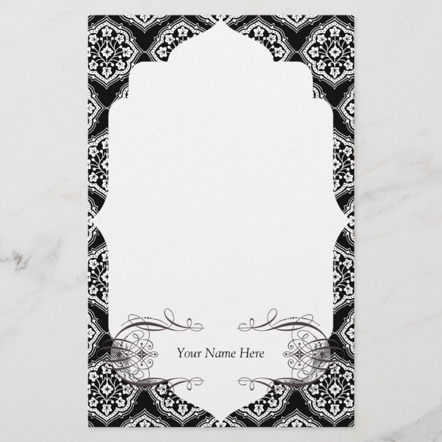 Damast-klassisches Schwarz-weißes elegantes Briefpapier (Vorderseite)