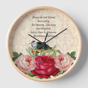 Damast mit rosa roten Rosen Wand Uhr