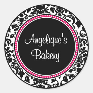 Damast mit schwarzer Mitte und rosa Zierleisten Runder Aufkleber