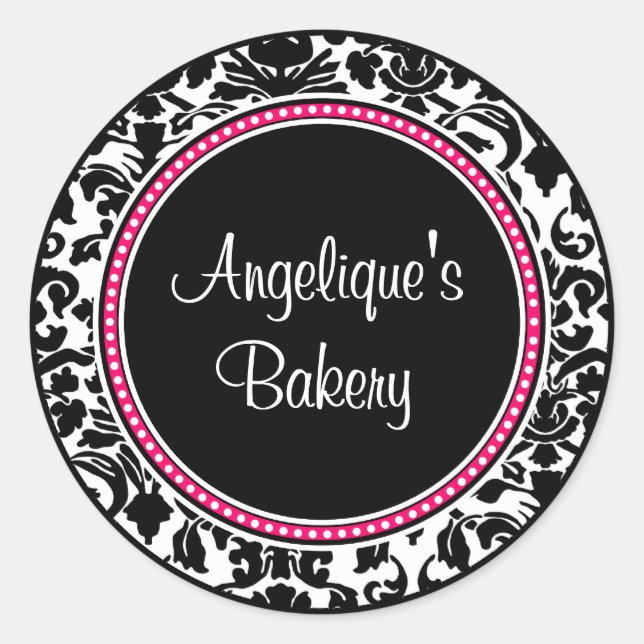 Damast mit schwarzer Mitte und rosa Zierleisten Runder Aufkleber (Vorderseite)