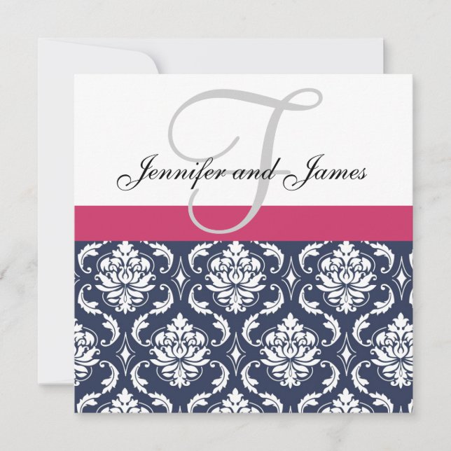 Damast-Monogramm-blaue rosa weiße Einladung (Vorderseite)
