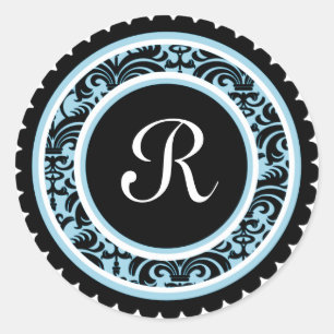 Damast-Monogramm-Initialen-Aufkleber Robins blauer Runder Aufkleber
