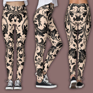 Damast-Muster Schwarz & Pfirsich-Beige Leggings