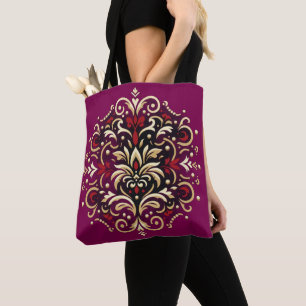 Damast-Muster-Tasche Rot, Gold und Schwarz Tasche