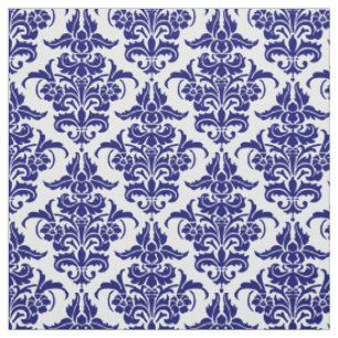 Damast-Muster - tiefes Marine-Blau auf Weiß Stoff