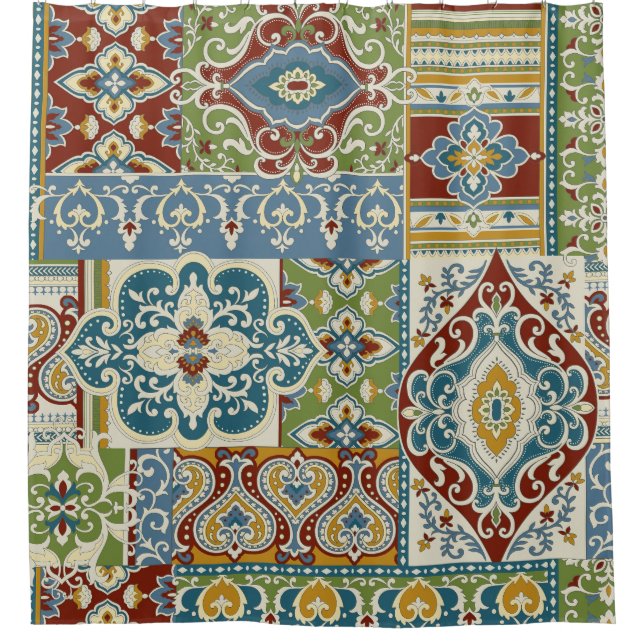 Damast-Patchwork: Farbige türkische Vintage. Duschvorhang (Vorderseite)