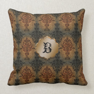 Damast-Schwarzes und Rost-Vintages viktorianisches Kissen