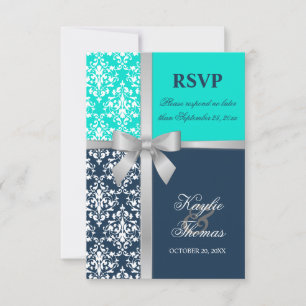 Damast Silberimitat-Band Navy Hochzeit RSVP Karte