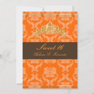 Damast Sweet 16/orangefarbene Schokoladen-Tiara/DI Einladung