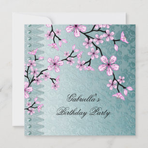 Damast Türkis Rosa Blüten Asiatisch Floral Party Einladung